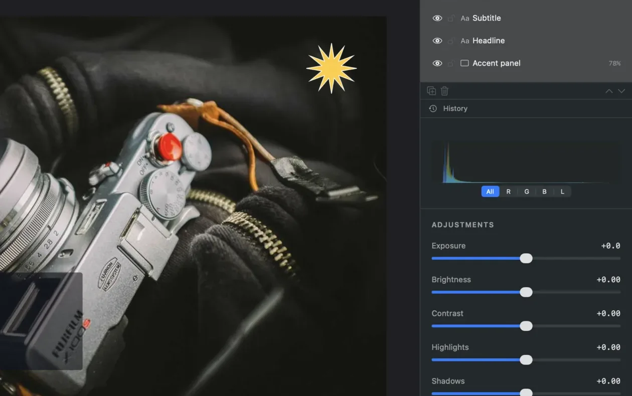 SnapStudio layers, history, histogram and adjustment panels