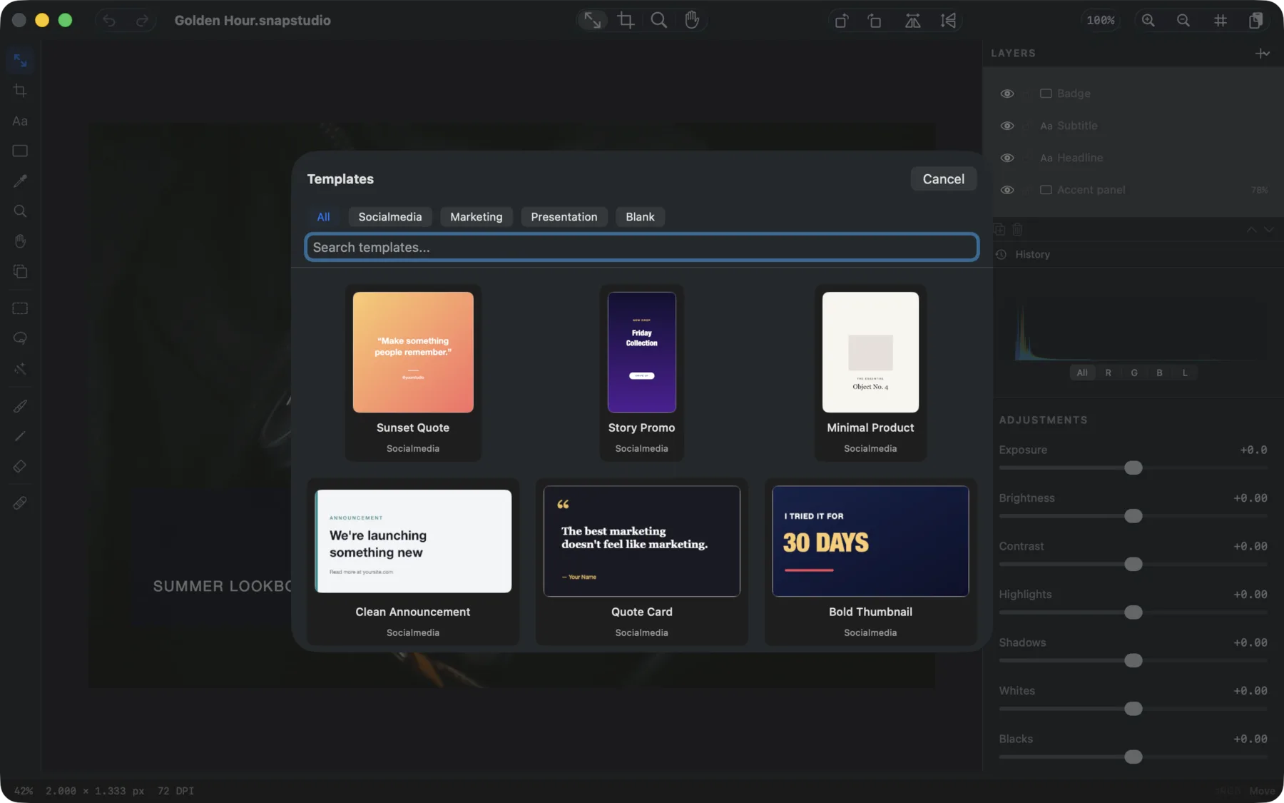 SnapStudio template gallery with live previews
