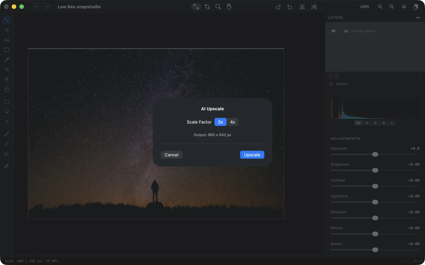 On-device AI upscale in SnapStudio